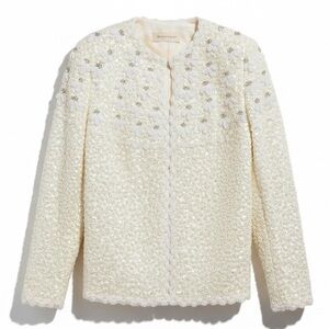 VTG 60s White Bouclé Cardigan Sweater Women Large Tailored Wool Beaded
